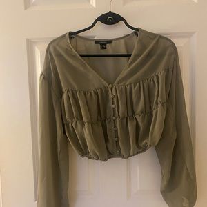 Olive Green Sinched-at-the-waist long sleeve blouse